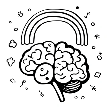 A brain with a rainbow dividing the hemispheres, symbolizing balance and diversity