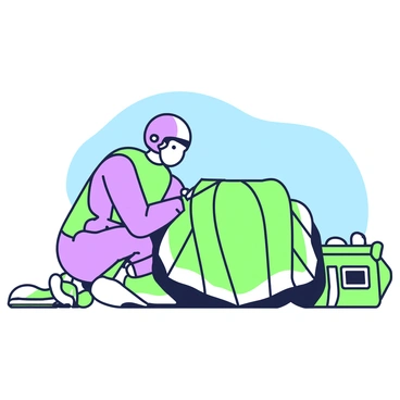 A skydiver is sitting on the ground, focused on packing their parachute. They are wearing a jumpsuit and a helmet, and their expression shows concentration. In front of them, an open parachute is spread out, revealing its intricate design with various compartments. The skydiver is folding the canopy methodically, ensuring no fabric is twisted. Nearby, a bag with additional skydiving gear is placed, including goggles and a reserve parachute. In the background, a clear blue sky can be seen, indicating the perfect day for a jump.