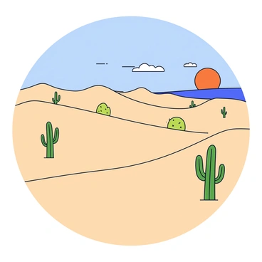 A vast desert landscape with soft, rolling sand dunes. Scattered across the foreground are several green cacti of different shapes and sizes. In the background, a bright orange sun is setting on the horizon, casting warm light across the sandy terrain. The sky transitions from deep blue at the top to lighter shades near the horizon, with a few wispy clouds catching the sunlight.