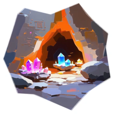 A dark cave interior featuring an array of sparkling, glowing crystals in various colors, illuminating the space with soft light. The crystals protrude from the rocky surface, casting intriguing shadows on the cave walls. Ancient symbols are intricately carved into the stone walls, showing intricate designs and patterns that hint at a long-lost civilization. The floor of the cave is uneven, scattered with small stones and patches of damp earth. The atmosphere is filled with a sense of mystery and history, creating a fascinating juxtaposition between the natural and the man-made.