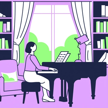 A pianist is seated at a grand piano, their hands gracefully positioned over the keys as they play a gentle melody. The grand piano is sleek and polished, reflecting the soft light in the room. The room is dimly lit, with shadows creating a cozy atmosphere, and a single lamp casts a warm glow on sheet music placed on the piano. In the background, there are shelves filled with books, and a plush armchair is partially visible, invitingly placed in a corner. A large window with curtains drawn slightly back reveals the silhouette of trees outside, adding depth to the serene scene.