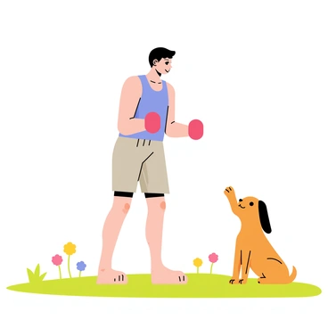 A person with short dark hair wearing a light blue tank top and gray shorts is doing hammer curls with a pair of red dumbbells. The person has an focused expression while lifting the weights. Nearby, a small brown dog with floppy ears is sitting upright and watching intently, raising its front paws in an imitation of the exercise. The background includes a grassy area with a few scattered colorful flowers and a clear blue sky.