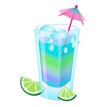 A shot glass filled with a vibrant, icy tropical cocktail. The cocktail features layers of bright colors, showcasing shades of blue, green, and pink. A tiny, colorful paper umbrella is nestled on top of the drink, adding a festive touch. The glass itself is adorned with condensation, emphasizing the chill of the drink. Surrounding the shot glass are small, tropical fruit slices, such as a pineapple and lime, enhancing the exotic feel of the scene.