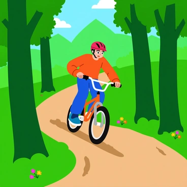 A biker wearing a bright red helmet is navigating a BMX bike along a dense and winding forest trail. Tall green trees with thick trunks and lush leaves surround the path, creating a vibrant canopy overhead. Sunlight filters through the branches, casting dappled shadows on the trail. The biker's focused expression shows determination as they lean into a turn, with dirt and small rocks flying beneath the bike's tires. A few colorful wildflowers peek out from the edges of the trail, adding splashes of color to the earthy scene.