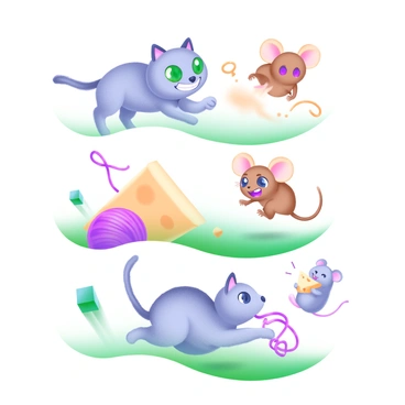 A three-panel comic strip featuring a "cat" with fluffy gray fur and bright green eyes, energetically running after a small "mouse" with soft brown fur and big round ears. In the first panel, the cat is crouched low with a mischievous grin, while the mouse peeks out from behind a cheese block, looking nervous. The second panel shows the cat leaping into the air, with its paw outstretched, as the mouse darts away in the opposite direction, leaving a little dust cloud behind. In the third panel, the cat is tangled in a ball of yarn, looking confused, while the mouse sits nearby, holding a small piece of cheese and laughing.