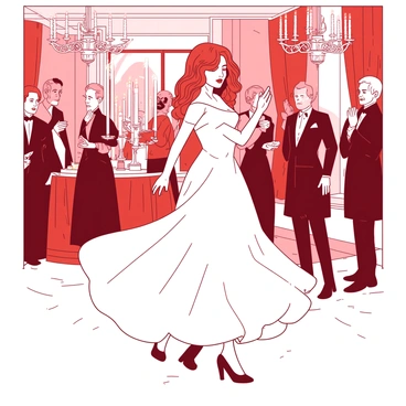 A red-haired woman named Priscilla is dancing gracefully in a grand ballroom. She is wearing a flowing white gown that shimmers as she twirls. The floor is polished and reflects the warm glow of flickering candlelight coming from elaborate candelabras placed around the room. Elegant chandeliers hang from the ceiling, adding to the opulence of the setting. Surrounding her, guests in formal attire watch in admiration, some clapping while others hold glasses of sparkling drinks. The atmosphere is filled with anticipation and joy as Priscilla moves elegantly across the dance floor.
