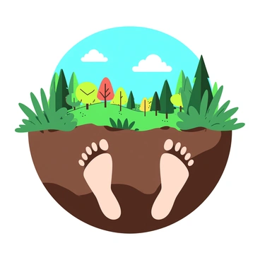 A pair of deep footprints in the soil, showing distinct patterns that indicate a person's stride. The footprints are surrounded by patches of green grass, demonstrating life amidst the earth. In the background, there is a vibrant display of trees and plants, highlighting the lush environment that the footprints have impacted. Above, the sky is a bright blue with a few fluffy white clouds, symbolizing a clear day. The scene conveys a message about the relationship between humanity and nature, emphasizing the footprint's influence on the carbon cycle.