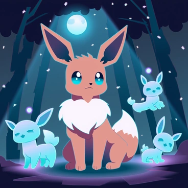 An Eevee with a fluffy, light brown coat and large, expressive eyes is sitting in a clearing. It is illuminated by soft moonlight filtering through the trees. Surrounding the Eevee are ethereal forest spirits, each with translucent, shimmering forms that resemble wisps of light. The spirits have glowing orbs floating above them, casting a gentle radiance in the dark, mystical forest. The night sky is filled with stars, and hints of vibrant colors from the bioluminescent plants can be seen in the background. The atmosphere is magical and enchanting, highlighting the connection between Eevee and the spirits.