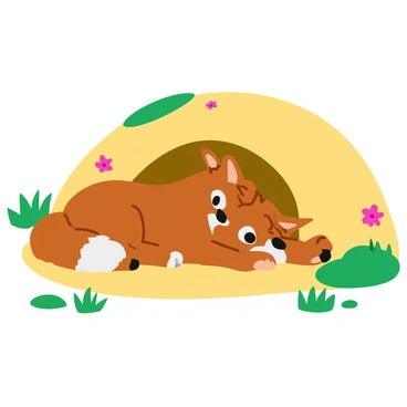 A brown coyote with a bushy tail is resting comfortably at the entrance of its den. The den is nestled in the side of a sandy hill, surrounded by patches of green grass and scattered wildflowers. Several small, fluffy pups with soft fur are peeking out from the den, their eyes bright and curious. The scene is filled with warm sunlight, casting gentle shadows around the entrance, highlighting the playful nature of the pups as they explore their surroundings.