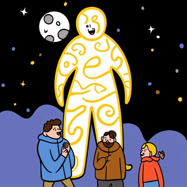 A luminous golem made of pure light guiding lost travelers through the night.