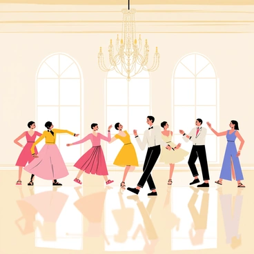 An elegant ballroom filled with a polished wooden floor reflecting soft light. A large, ornate chandelier hangs from the ceiling, adorned with sparkling crystals and intricate metalwork. Below, a group of elegantly dressed dancers twirls gracefully, wearing flowing gowns and tailored suits. The dancers are positioned across the ballroom, showcasing a variety of dance poses and movements. Each dancer's expression shows joy and excitement as they move in sync with the rhythm of the music.