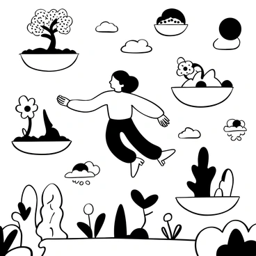 A figure with long, dark hair floats gracefully in a surreal dreamscape. Surrounding the figure are numerous floating islands of varying sizes, each adorned with different surreal features such as twisted trees and oversized flowers. Wispy clouds drift between the islands, and the ground is obscured, adding to the dreamlike atmosphere. In the background, abstract shapes and patterns create a sense of depth and whimsy. The overall composition conveys an otherworldly and imaginative scene.