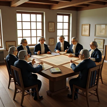 A group of founding fathers gathered around a large, wooden table covered with various historical documents and parchment papers. The men, dressed in 18th-century attire, include figures like George Washington, Thomas Jefferson, and Benjamin Franklin, each engaged in animated discussion. Washington has his hands clasped and is listening intently, while Jefferson points at a document with a quill in his hand. Franklin appears thoughtful, with spectacles perched on his nose, looking over the papers. The room is furnished with period-appropriate decor, featuring wooden beams and large windows that let in natural light. Various maps and books are scattered around the table, adding to the scholarly atmosphere of the constitutional convention.