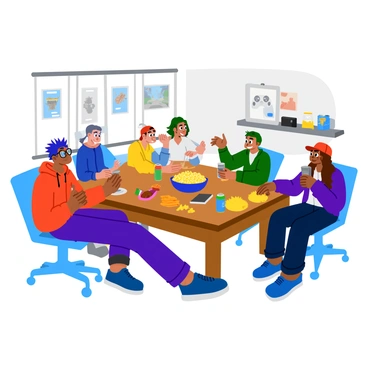 A group of five gamers is sitting around a wooden table in a cozy room. They are engaged in an animated discussion about tactics for their next gaming session. Each gamer has a different appearance: one has spiky blue hair, another is wearing glasses with a bright red hoodie, a third has a baseball cap on backwards, the fourth is sporting green hair, and the last one has long, curly hair. The table is cluttered with various snacks such as bags of chips, a bowl of popcorn, and soda cans. In the background, there are posters of popular video games on the walls, and a gaming console is visible on a nearby shelf.