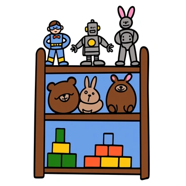 A wooden toy shelf, neatly organized and filled with a variety of toys. On the top shelf, there are several colorful action figures in different poses, including a superhero wearing a blue costume and a robot with shiny metallic parts. The middle shelf displays a group of plush toys, including a large teddy bear with a red bow tie and a soft bunny with long ears, arranged in a way that showcases their cute features. The bottom shelf contains building blocks in various shapes and colors, stacked in neat piles. Each shelf is surrounded by a bright blue background, adding a cheerful touch to the scene.