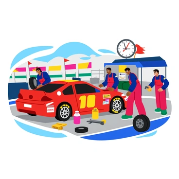 A bright red racecar is positioned in a bustling pitstop. The racecar features bold advertising stickers and shiny chrome accents. Several mechanics are working swiftly around it, each wearing matching uniforms, engaged in various tasks like changing tires and refueling. Tools like wrenches and gas cans are scattered on the ground. The atmosphere is charged with energy as a large digital clock counts down the time. The pitstop area is outlined with colorful banners and team flags waving in the background.