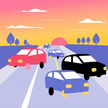 Cars driving on a highway towards a vibrant sunset at the horizon