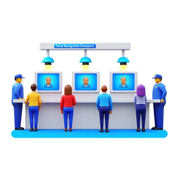 A modern airport security checkpoint with a sleek design. Several travelers stand in line, each in front of a digital screen displaying their facial recognition results. The facial recognition cameras are positioned above the screening area. Security personnel monitor the process closely, ensuring efficient operation. Bright overhead lighting illuminates the area, casting clear visibility on the organized queues. Signage indicating "Facial Recognition Checkpoint" is prominently displayed.