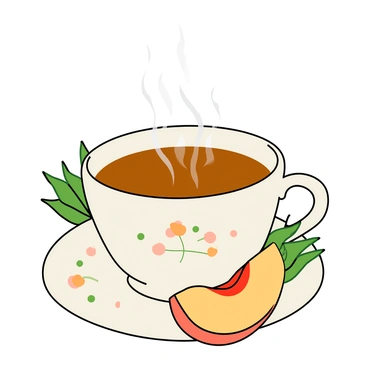 A white ceramic cup filled with steaming peach-flavored tea, adorned with a delicate floral pattern. The cup sits on a matching saucer, which holds a vibrant, fresh slice of peach beside it. Wisps of steam rise gently from the surface of the tea, creating a cozy atmosphere. The background features hints of green leaves, suggesting a refreshing outdoor setting. The overall composition conveys a sense of warmth and comfort.