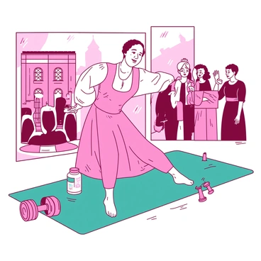 A pink historical figure wearing traditional attire is engaged in performing Russian twists on a teal exercise mat. The figure has a playful expression and is surrounded by an assortment of quirky, modern fitness equipment such as colorful dumbbells and a water bottle. In the background, there are elements of architecture from their era, contrasting the contemporary gym setting. A small crowd of amused onlookers in modern athletic wear cheers on the figure, adding to the humorous atmosphere of the scene.