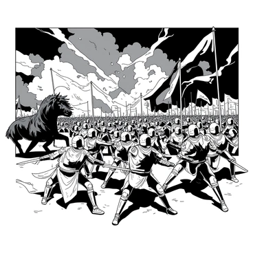A dramatic scene depicting "the War of Wrath" with "armies clashing" on a battlefield. Dark clouds fill the sky, creating an intense atmosphere as flashes of lightning illuminate the chaos. In the foreground, a group of armored warriors, each wielding weapons, engage in fierce combat. Their expressions reveal determination and intensity. To one side, a large, mythical creature is seen charging towards the opposing army, adding to the sense of urgency. In the background, banners of different colors wave in the gusty wind, showcasing the divisions of the clashing armies. The overall composition captures the tension and energy of this epic confrontation.