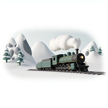 A vintage steam locomotive with a dark green exterior, polished brass accents, and large black wheels is chugging through a snowy mountainous region. The locomotive emits plumes of white steam from its smokestack as it moves along the tracks. Surrounding the train are tall snow-covered mountains with rocky outcrops and patches of evergreen trees. Soft snowflakes gently fall from a gray sky, blanketing the ground in a thick layer of snow. The scene captures the dynamic movement of the train as it travels through the winter landscape, creating a contrast between the warmth of the steam and the cold environment.