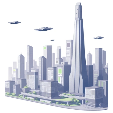A futuristic cityscape filled with towering skyscrapers. The buildings have sleek, modern designs with various geometric shapes and large glass windows. Several flying cars are seen navigating through the air, depicted in dynamic positions to suggest movement. The streets below are lined with futuristic architecture and structures, while the skyline is enhanced by numerous bright signs and advertisements. The overall scene includes elements such as elevated highways and green parks integrated into the urban environment.