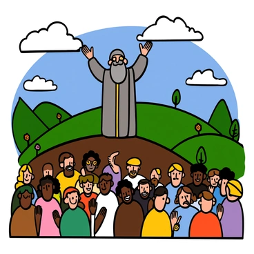 Moses blessing the people before they enter the promised land, with a lush landscape ahead