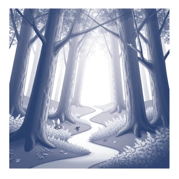 A dense forest filled with tall, ancient trees. The trunks are thick and gnarled, their branches stretching outwards and intertwining above. A soft mist lightly blankets the ground, obscuring the leaf-covered path that winds through the trees. Delicate ferns and small bushes dot the forest floor, creating a lush undergrowth. In the shadows, there are glimpses of hidden magical creatures, such as a small, whimsical fairy with delicate wings perched on a branch, and a sleek, elusive fox peering out from behind a tree. The overall atmosphere conveys a sense of mystery and enchantment.