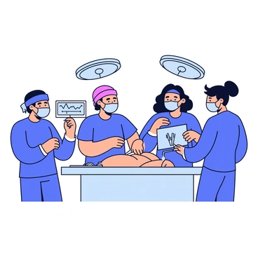 A team of four surgeons wearing blue scrubs and masks is gathered around a surgical table. Each surgeon is focused, with their hands engaged in different tasks related to the procedure. One surgeon is holding a scalpel, while another is assisting by carefully retracting tissue. The third surgeon is monitoring vital signs on a screen, and the fourth is preparing instruments on a nearby tray. Soft overhead lights illuminate the scene, creating a clinical atmosphere.