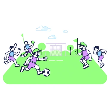 Luigi is in the center of a bright green field, wearing a blue shirt and a green cap. He is mid-action, kicking a soccer ball that is in motion towards the goal. Around him, a group of friends are cheering, with one friend waving a green flag and another jumping in excitement. In the background, there are goalposts at either end of the field, and a few trees line the edge of the field. The sky is clear, providing a perfect backdrop for the lively scene.