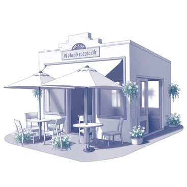 A cafe with a charming architectural design featuring an inviting outdoor seating area. The seating consists of several small tables and chairs arranged neatly under umbrellas. Surrounding the cafe, there are lush flowering plants in various stages of bloom, creating a vibrant atmosphere. The cafe entrance is adorned with decorative elements, such as a welcoming sign and potted plants. The scene captures a sense of warmth and community, with a clear sky overhead, enhancing the outdoor experience.