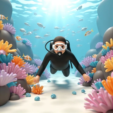 A diver, wearing a black wetsuit and a transparent mask, is swimming through a vibrant coral reef. The diver is surrounded by an array of colorful fish, including blue tangs, clownfish, and parrotfish, all darting in among the corals. The coral formations are rich in texture and color, featuring bright oranges, yellows, and purples. In the background, a school of shimmering silver fish swims gracefully, creating a dynamic and lively underwater scene. Sunlight filters through the water, casting dancing patterns of light on the sandy ocean floor.
