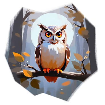 A wise old owl with large, round eyes and mottled feathers is perched on a sturdy branch. The owl's head is slightly turned, giving it an inquisitive expression. The branch is surrounded by dark, leafy foliage, and the moonlight casts a soft, silvery glow on the owl, highlighting its features. In the background, the silhouette of tall trees creates a dense forest atmosphere, and faint stars can be seen twinkling in the night sky. The scene conveys a sense of tranquility and wisdom as the owl watches over the forest.