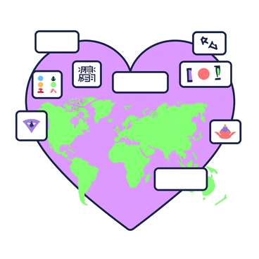 A heart shape is prominently featured in the center of the image. The heart is adorned with various cultural symbols representing different regions of the world. Each symbol is distinct and carefully placed to fill the heart shape, showcasing a rich diversity. Alongside each symbol, there is a label indicating its origin, displayed in a clear manner. The background is minimal to emphasize the heart and its intricate decorations, allowing the cultural symbols to stand out prominently.