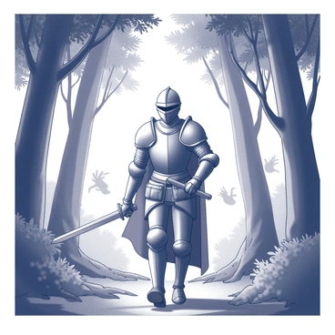 A brave knight in shining armor is walking through a dense, mystical forest. The knight holds a sword firmly in one hand, while the other hand rests on a belt adorned with various pouches. Tall trees with twisting trunks and dense foliage surround the knight, while patches of light filter through the thick canopy above. The ground is covered with leaves and small plants, indicating the lushness of the forest. In the background, ethereal shapes and shadows hint at the presence of magical creatures hidden among the trees.
