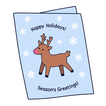 A festive holiday card designed by Becca Hall. The card features white snowflakes of various sizes scattered across a light blue background. In the center, there is a cute brown reindeer with a red nose and delicate antlers. Surrounding the reindeer are cheerful greetings in a playful font that say "Happy Holidays!" and "Season's Greetings!" The card has a simple border in a contrasting dark blue color.