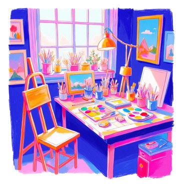 An old-fashioned art studio features wooden easels positioned around the room. Various sizes of paintbrushes are neatly arranged in jars on a cluttered wooden table. A palette with vibrant colors sits beside a stack of canvases. The walls are adorned with framed paintings, showcasing landscapes and portraits. Several tubes of paint lie scattered across the table, and a vintage lamp casts warm light over the creative workspace. A window allows natural light to pour in, illuminating the dusty atmosphere of the studio.