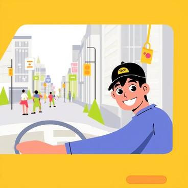 A friendly taxi driver with short black hair is smiling from the driver's seat of a yellow taxi. He wears a blue shirt and a black cap with a taxi logo. The interior of the taxi is bright and clean, with a small air freshener hanging from the rearview mirror. Outside the window, a bustling cityscape is visible, featuring tall buildings, traffic lights, and pedestrians walking on the sidewalk. Brightly colored billboards and street signs add to the vibrant atmosphere of the city.
