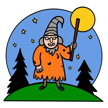 Baba Yaga, an old woman with gray hair and wearing a tattered dress, stands on a grassy hill under a bright full moon. She has a crooked nose and a mischievous expression on her face. In her right hand, she holds a wooden wand, raised as she casts a spell. The moonlight illuminates her figure and the surrounding landscape, creating a mystical atmosphere. The sky is filled with twinkling stars, and the silhouettes of dark trees can be seen in the background.