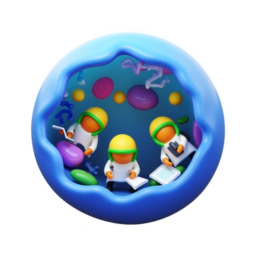 A group of miniature explorers wearing scientific gear inside a lysosome. They are examining various organelles such as enzymes and membranes, taking notes and using microscopes. The interior of the lysosome is filled with intricate structures, showcasing a mixture of textures and colors. The explorers are interacting with these structures, highlighting their curiosity and engagement in research. The overall scene conveys a sense of discovery and scientific exploration.