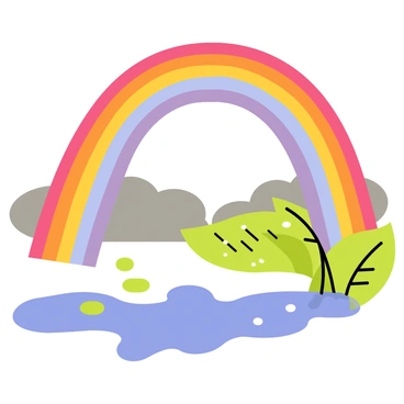 A vivid rainbow arcs across the sky, displaying a spectrum of colors from red to violet. Below the rainbow, dark gray clouds linger, remnants of a heavy acid rainstorm. Puddles on the ground reflect the colorful arch, creating a dazzling contrast with the muted tones of the wet environment. Small droplets of rain cling to nearby leaves, sparkling in the light. The scene captures the interplay of vibrant colors against a backdrop of a recently stormy sky.