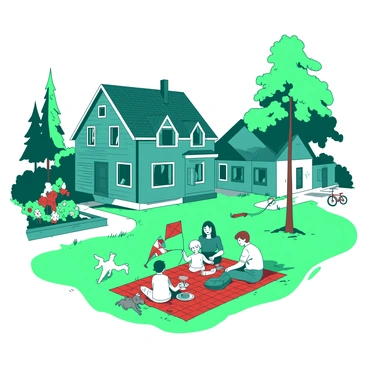 A teal two-story house with white trim sits in a peaceful neighborhood in Helsinki. In the backyard, a family is having a picnic on a red checkered blanket spread out on the green grass. The parents are sitting on the blanket, while two children are playing with a colorful kite. Nearby, a dog is joyfully running around. Another house with a white façade has a small garden where a couple is tending to blooming flowers. In the distance, a tall tree provides shade, and a bicycle leans against its trunk. The scene conveys a sense of community, with families engaging in outdoor activities.