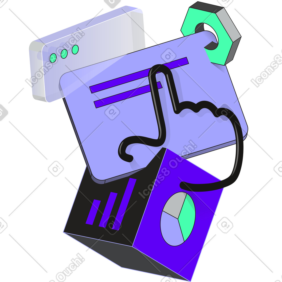Browser windows, graphs and hex nut illustration in PNG, SVG