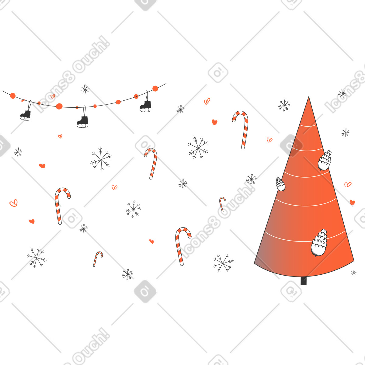 Christmas tree, candy canes and snowflakes, Festive winter background illustration in Crayon style download in PNG, SVG