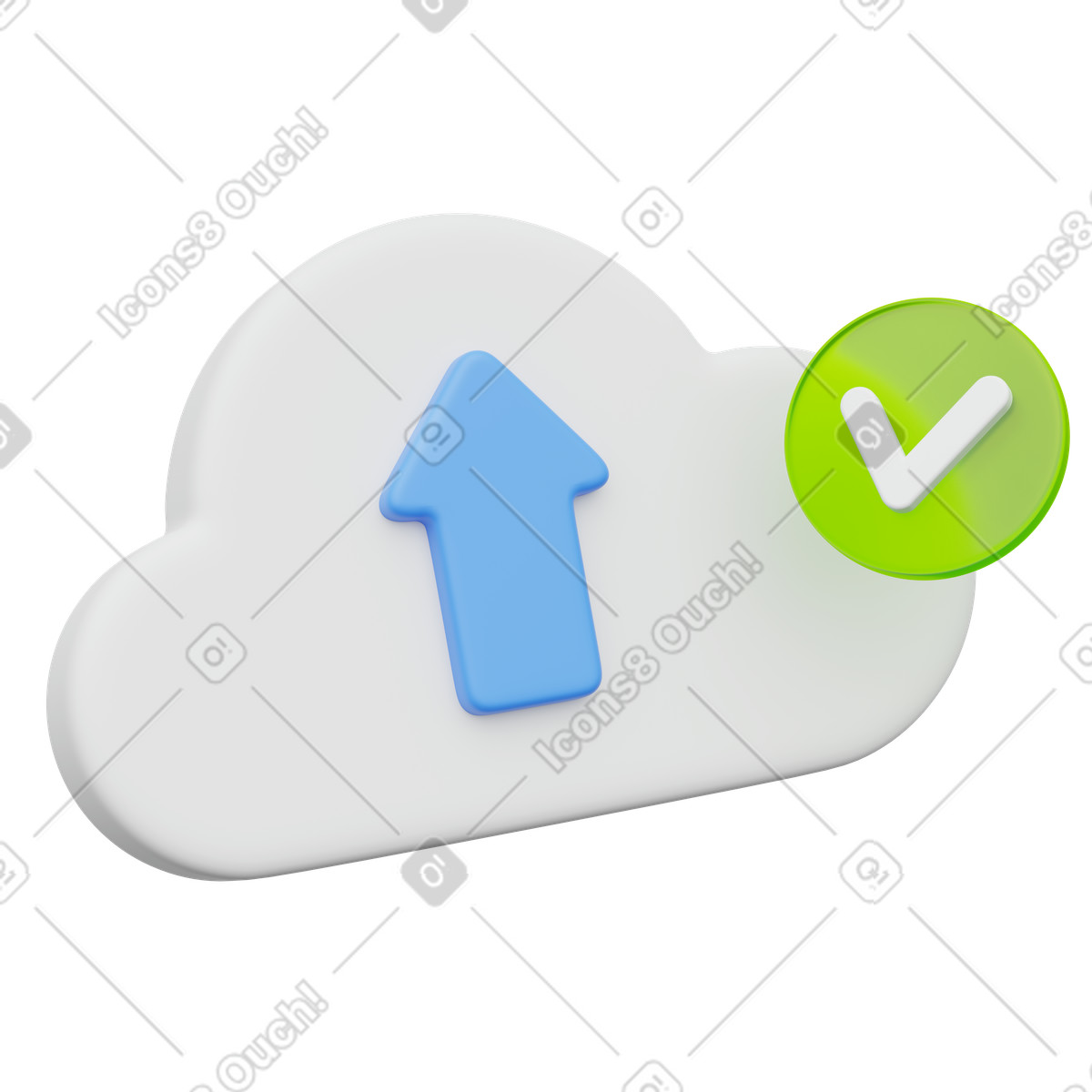 3D Playful スタイルの Cloud upload icon with checkmark indicating successful online file transfer のイラストをPNG、SVG形式でダウンロード