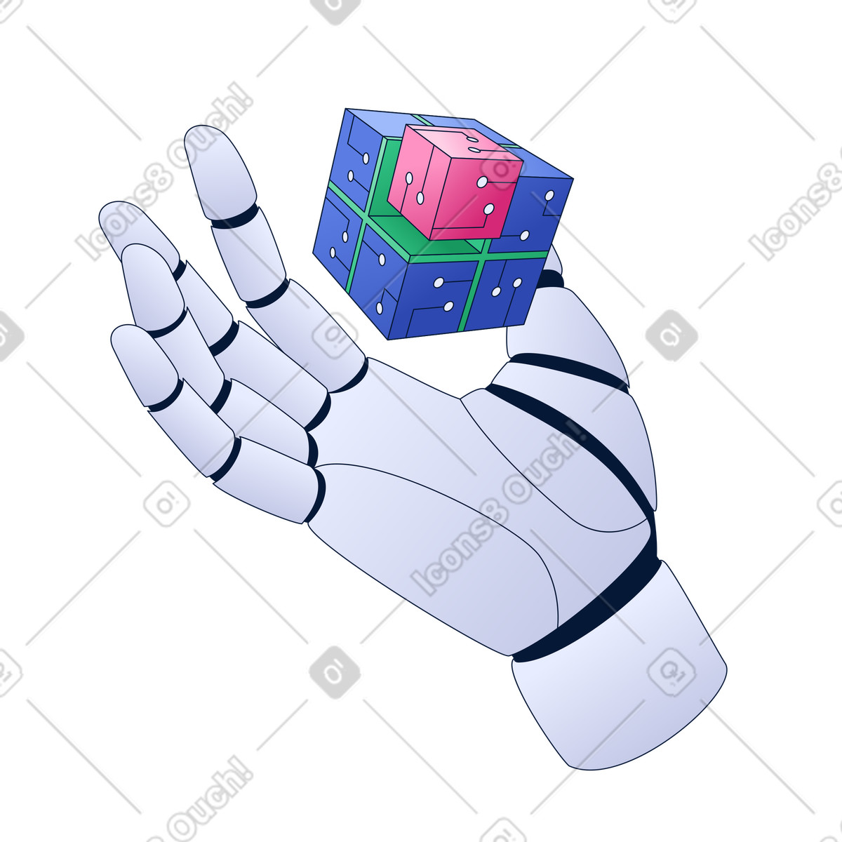 Robotic hand presenting modular cube, Machine learning and AI visualization illustration in Neat style download in PNG, SVG