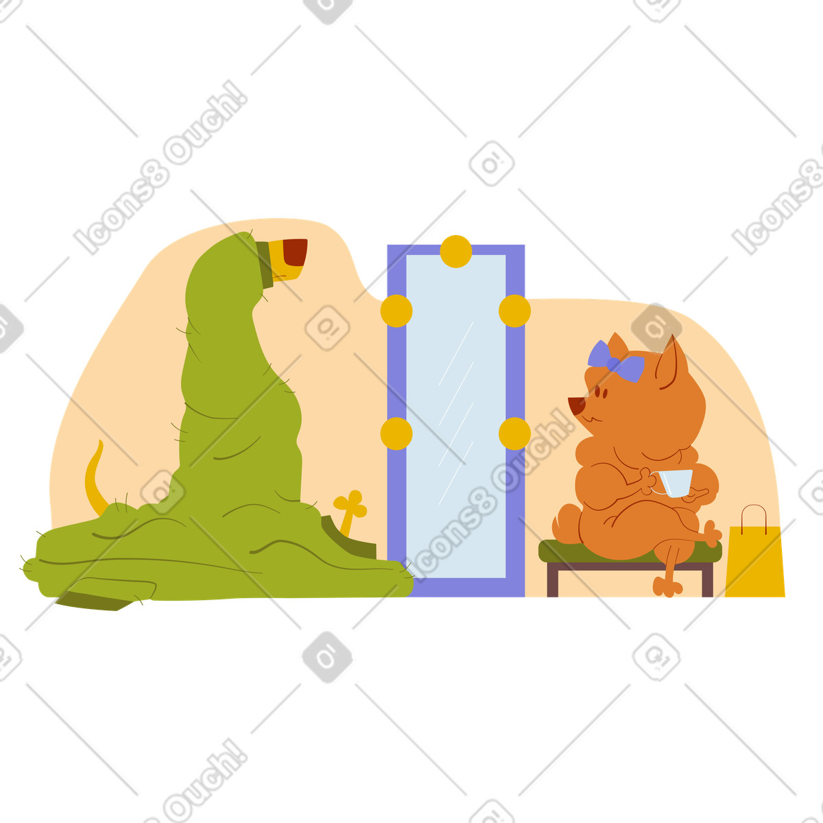 Dogs trying on clothes while shopping illustration in Woof style download in PNG, SVG