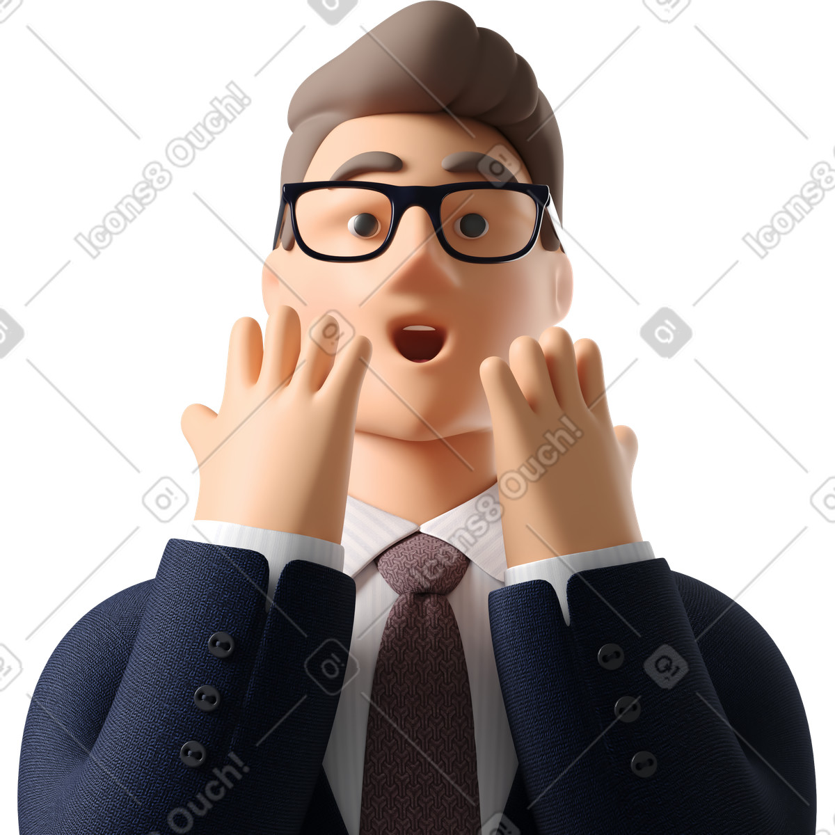 Illustration Close up of astonished businessman in dark blue suit dans le style 3D Business à télécharger aux formats PNG, SVG