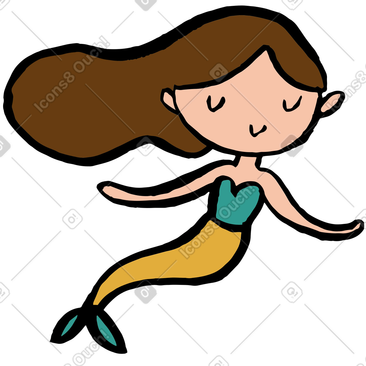 Sirena dai capelli castani con coda gialla illustrazione in stile Scandi scarica in PNG, SVG